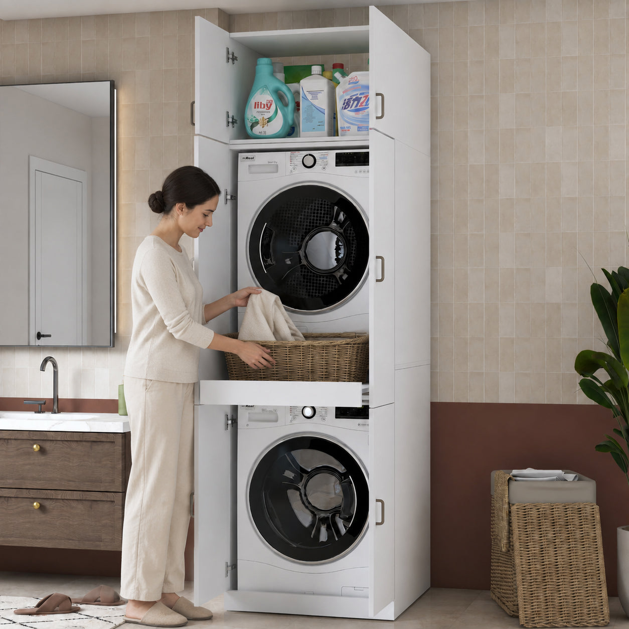 Rani KD145 Çamaşır Makinesi Dolabı 4 Kapaklı Çekmeceli Banyo Dolabı Beyaz