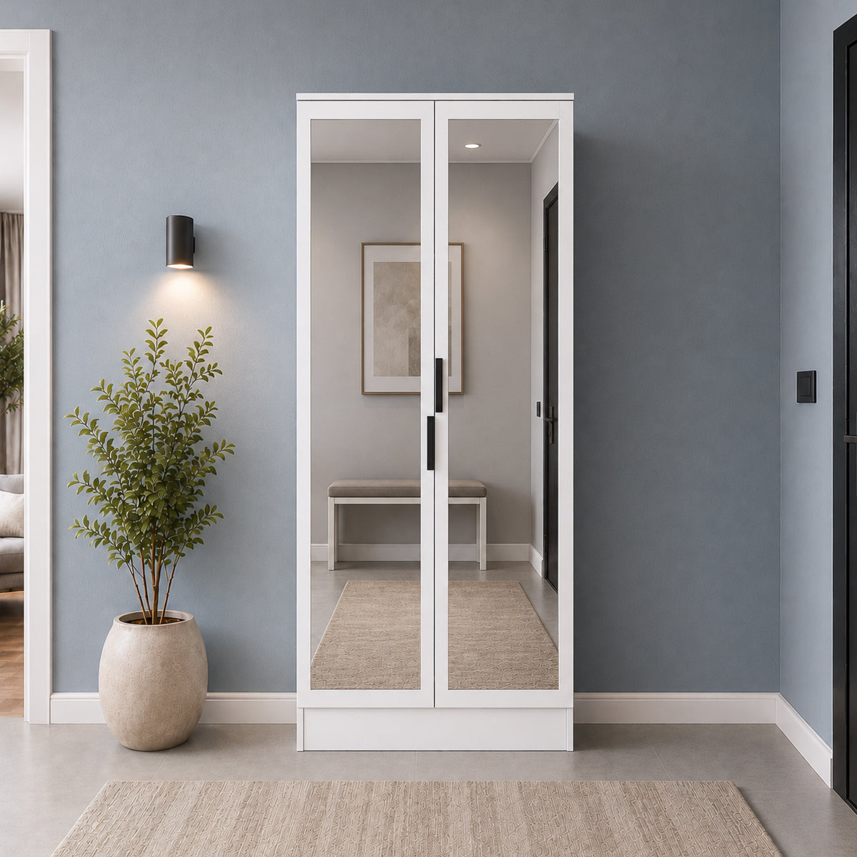 Rani EA163 Modern Portmanto 2 Kapaklı Aynalı Raflı Ayakkabılık Vestiyer Beyaz
