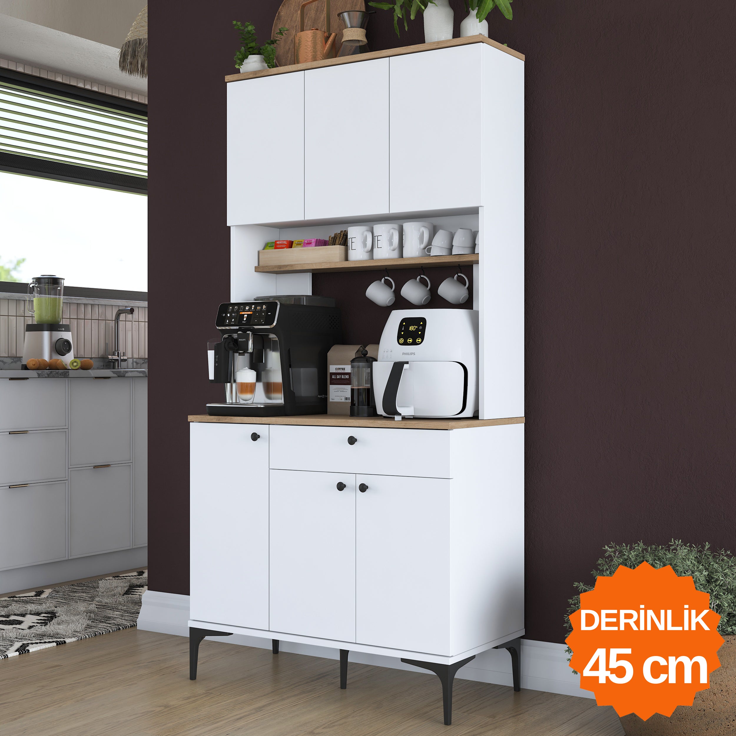 Rani JE196 Çok Amaçlı Dolap 6 Kapaklı 1 Çekmeceli Kiler Mutfak Dolabı Sepet Ceviz - Beyaz