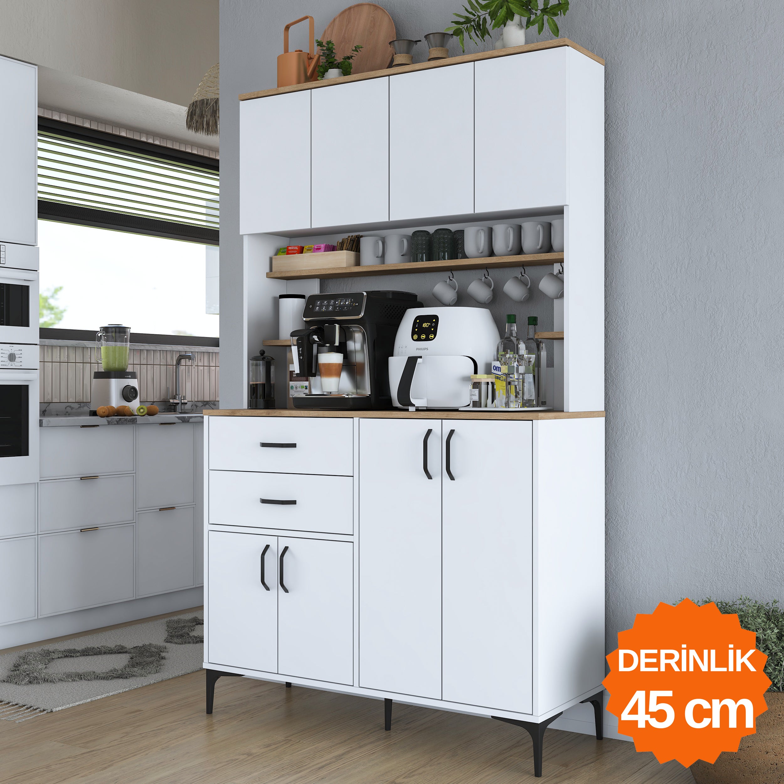 Rani JE212 Kahve Köşesi Çok Amaçlı Dolap 8 Kapaklı 2 Çekmeceli Raflı K