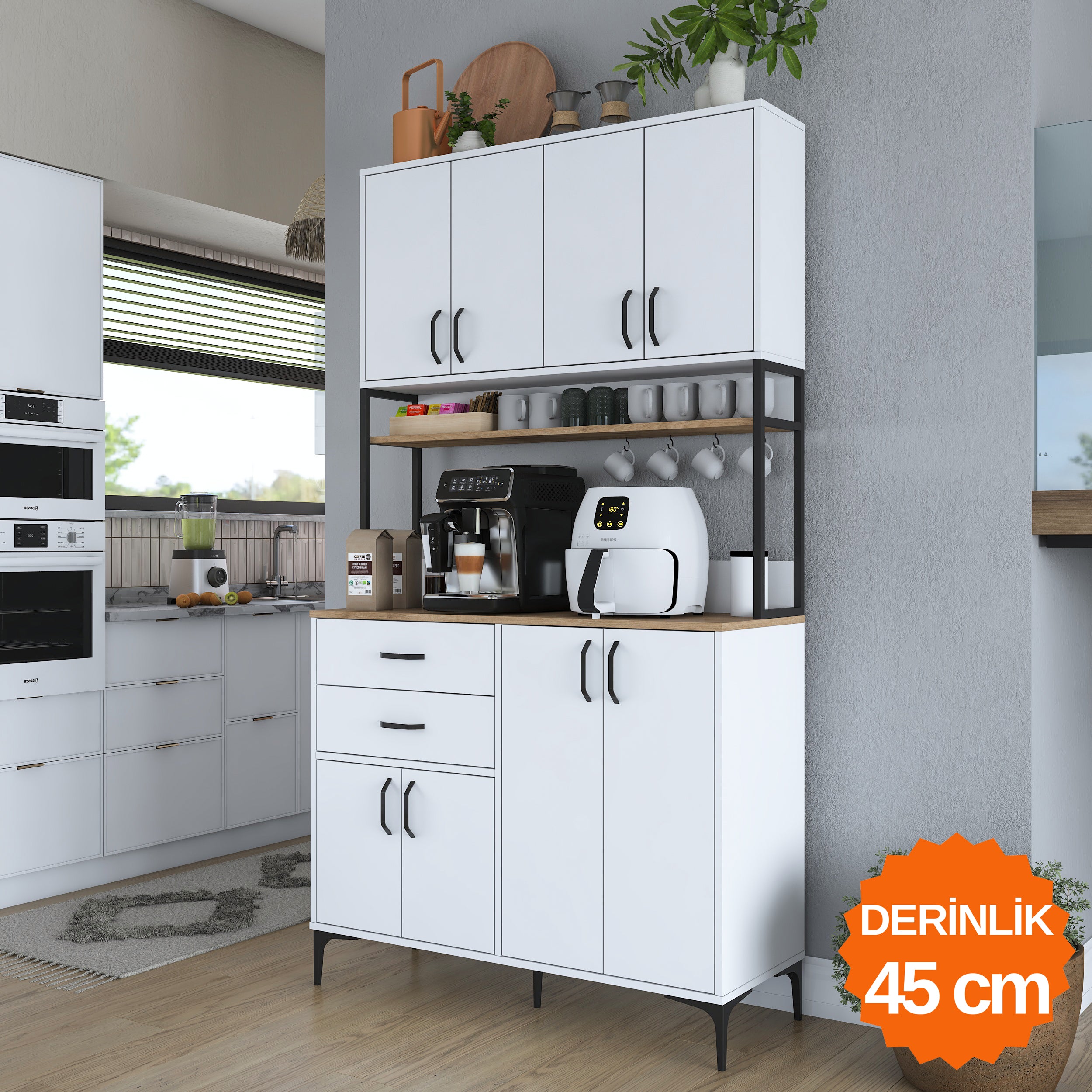 Rani JE213 Kahve Köşesi Çok Amaçlı Dolap 8 Kapaklı 2 Çekmeceli Raflı K