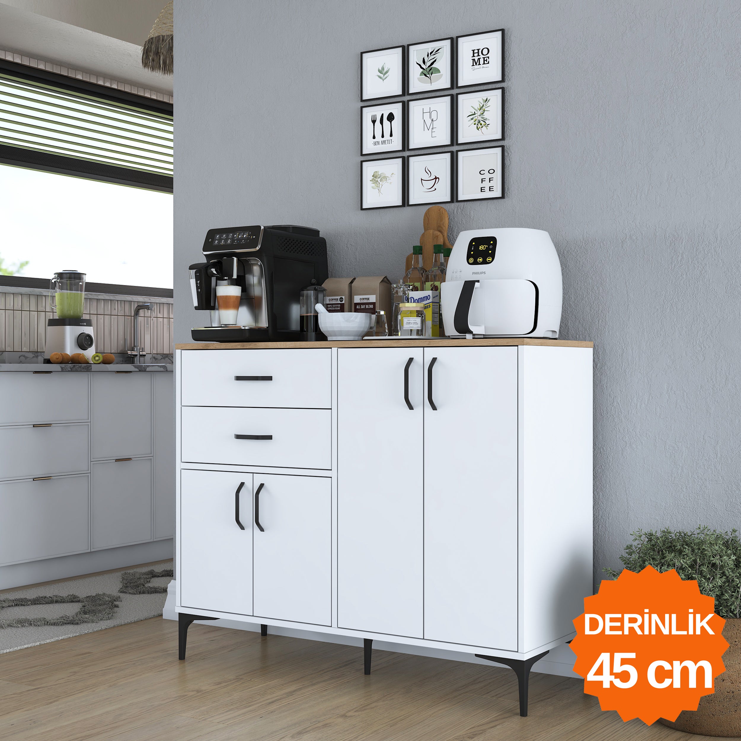 Rani JE210 Kahve Köşesi Çok Amaçlı Dolap 4 Kapaklı 2 Çekmeceli Kiler Mutfak Dolabı Beyaz - Sepet Ceviz