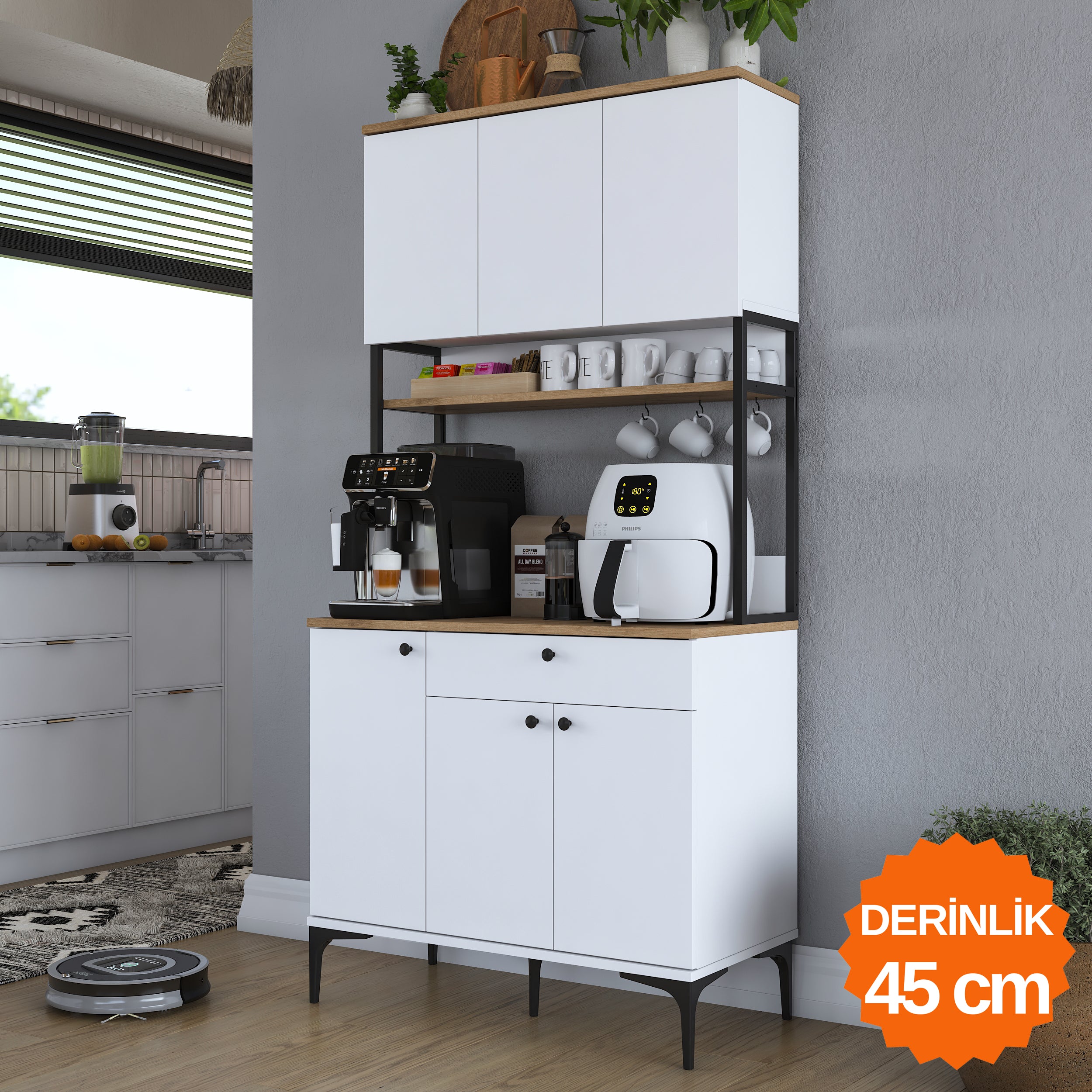 Rani JE197 Çok Amaçlı Dolap 6 Kapaklı 1 Çekmeceli Kiler Mutfak Dolabı Sepet Ceviz - Beyaz