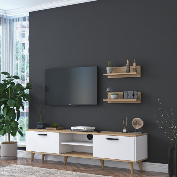Rani A5 Duvar Raflı Tv Ünitesi Kitaplıklı Tv Sehpası Modern Ayaklı 180 cm Sepet Ceviz - Beyaz M48