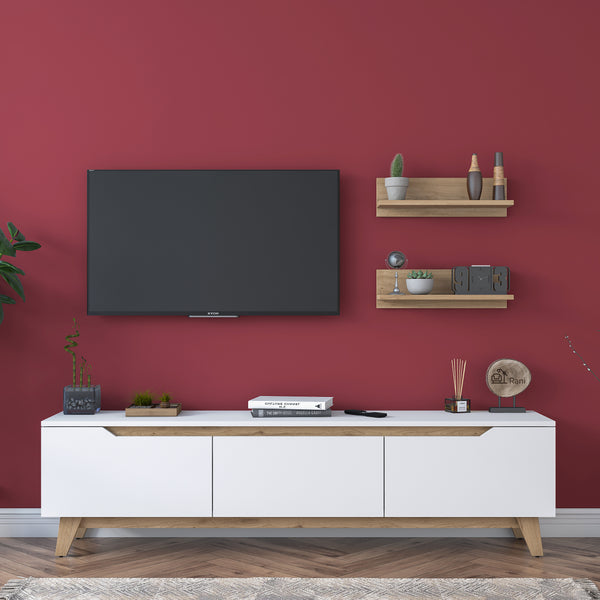 Rani D1 Duvar Raflı Tv Ünitesi Kitaplıklı Tv Sehpası Modern Ayaklı 180 cm Beyaz - Sepet Ceviz M48