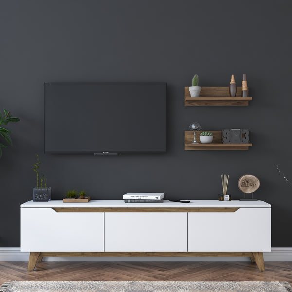 Rani D1 Duvar Raflı Tv Ünitesi Kitaplıklı Tv Sehpası Modern Ayaklı 180 cm Beyaz - Minyatür Ceviz M48