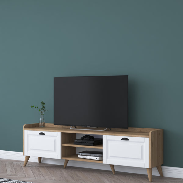 Rani AA101 Tv Ünitesi Modern Ayaklı Tv Sehpası Membran Kapaklı 180 cm Sepet Ceviz- Beyaz M1