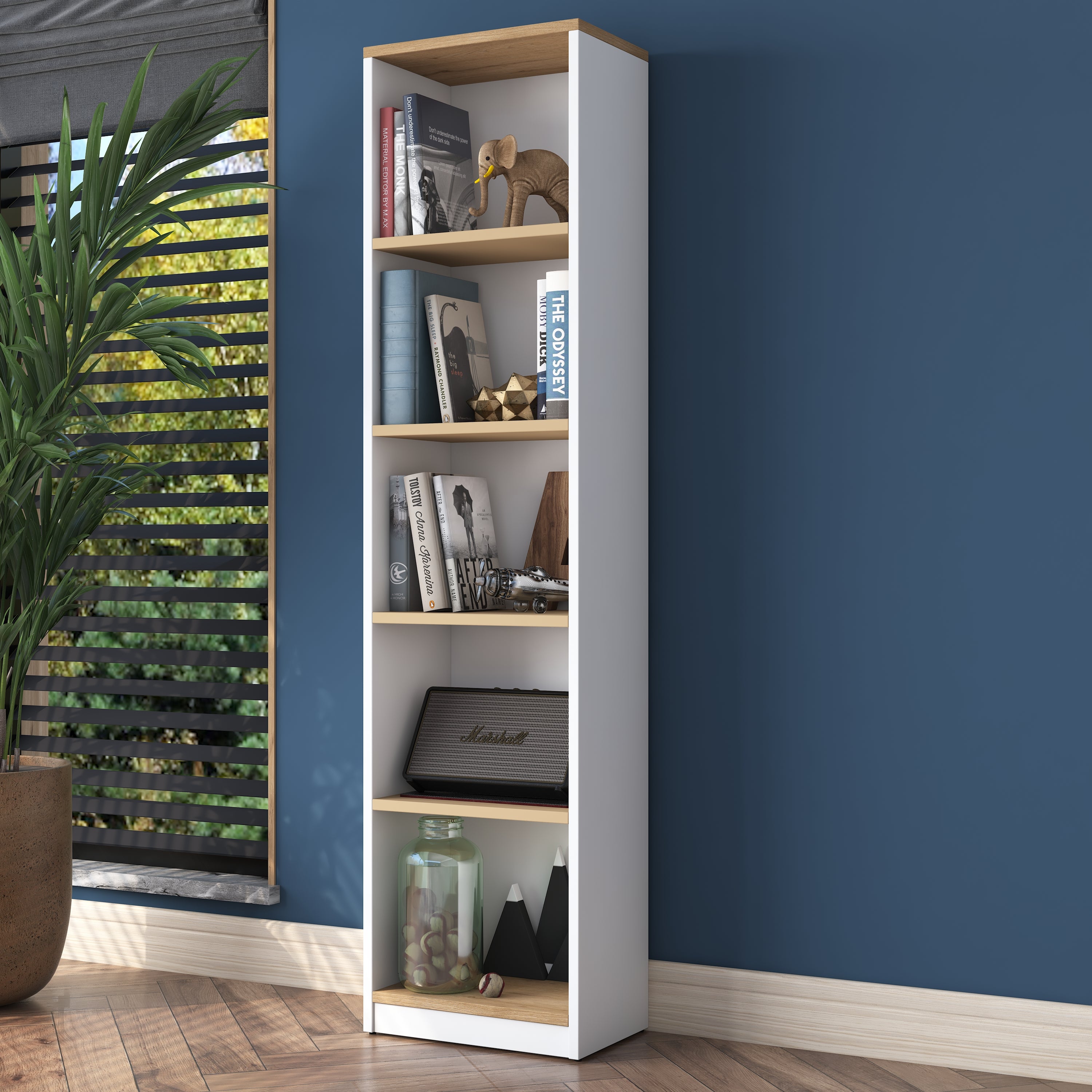 Rani HC111 Kitaplık 5 Raflı Çalışma Odası Kütüphane Modern Duvar Rafı Beyaz - Sepet Ceviz