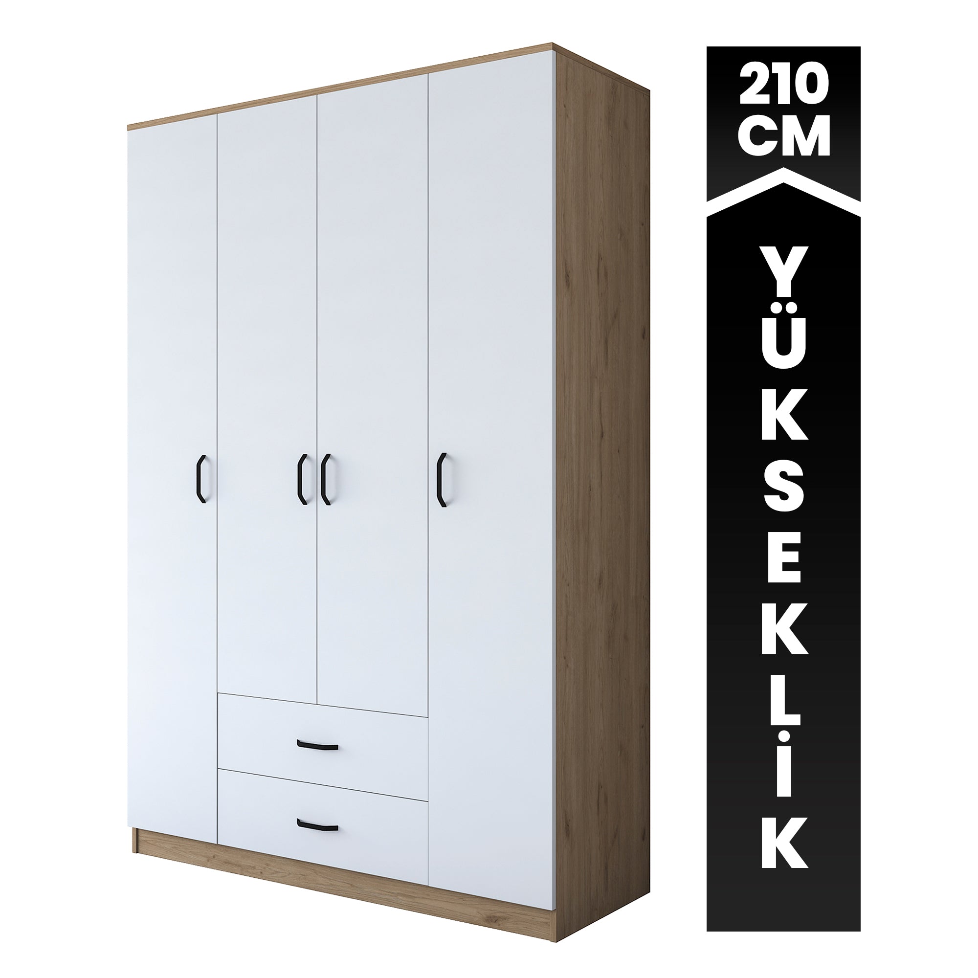 Rani BA112 Geniş Gardırop Elbise Dolabı 4 Kapaklı 2 Çekmeceli 13 Raflı 1 Askılı Sepet Ceviz - Beyaz