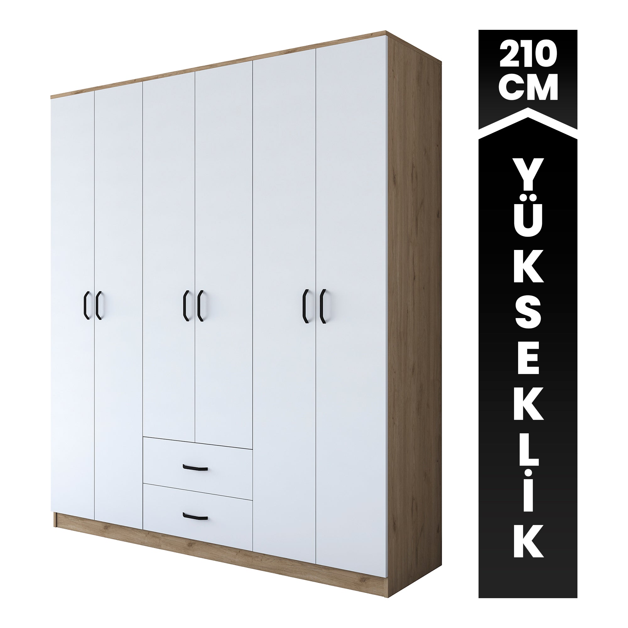 Rani BA113 Geniş Gardırop Elbise Dolabı 6 Kapaklı 2 Çekmeceli 6 Raflı 3 Askılı Sepet Ceviz - Beyaz