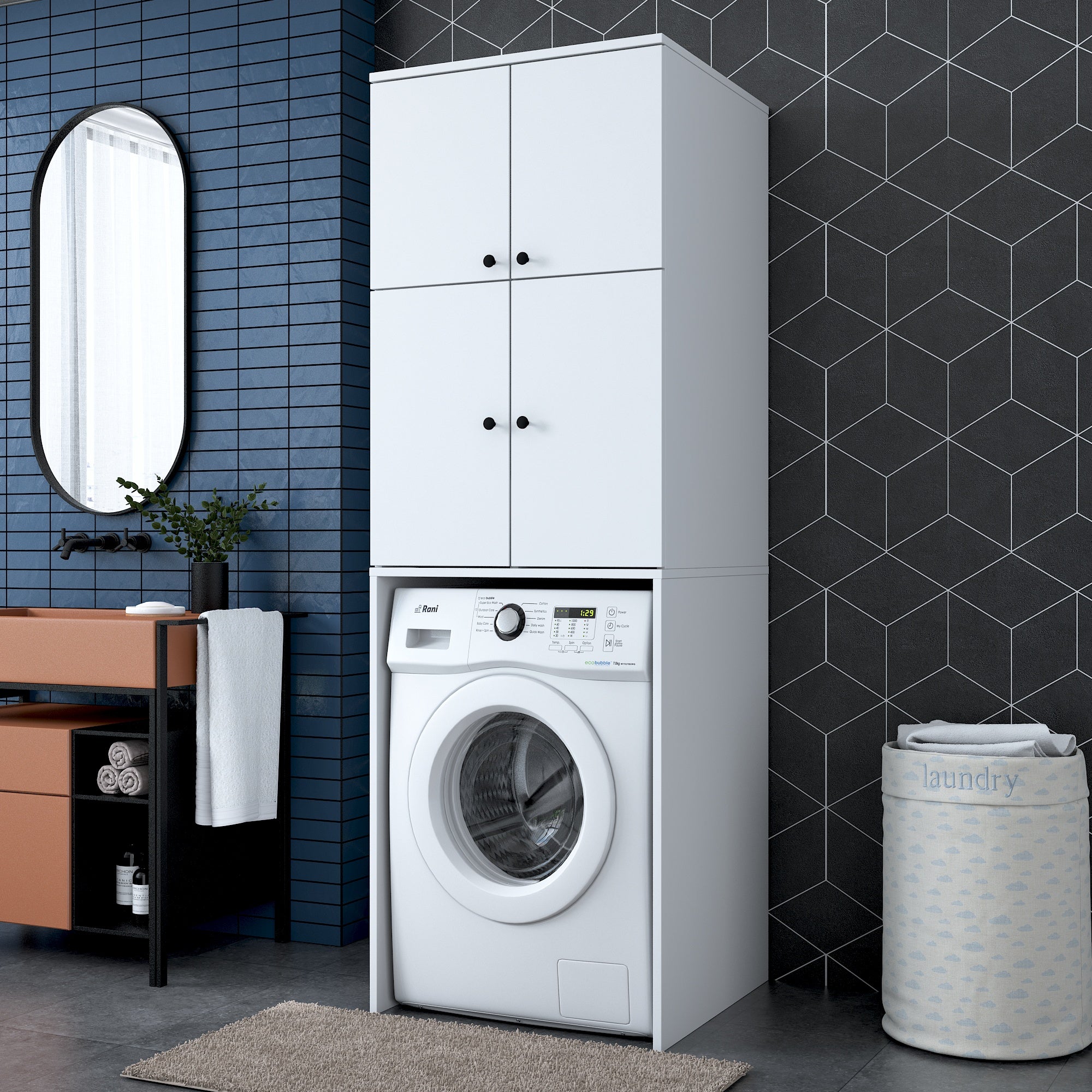 Rani KD114 Çamaşır Makinesi Dolabı 4 Kapaklı 5 Raflı Banyo Dolabı Beyaz