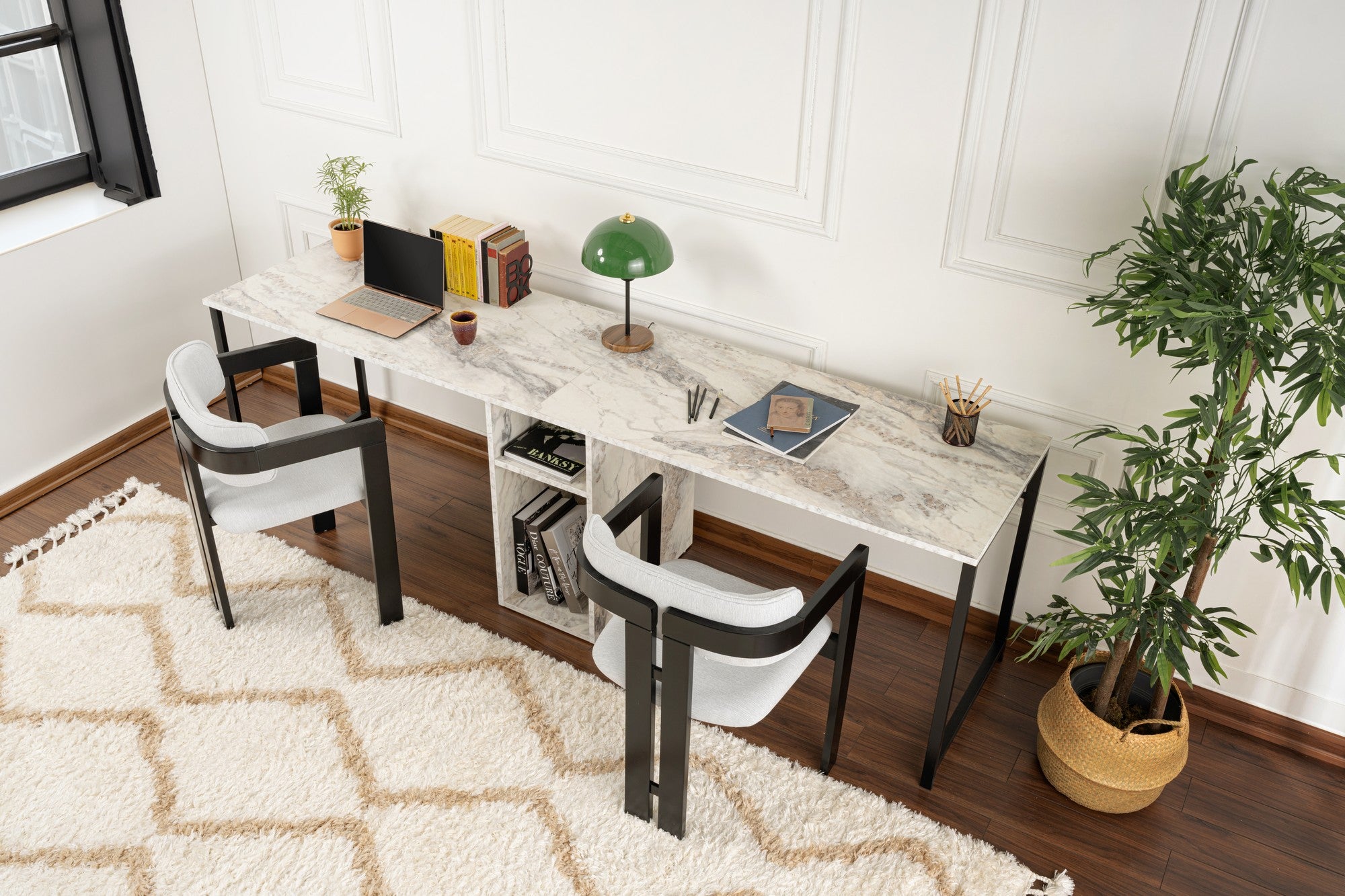 Rani Home Çalışma Masası Frezya Mermer Desenli Siyah Metal Ayaklı İki Kişilik 240CM HA-5277