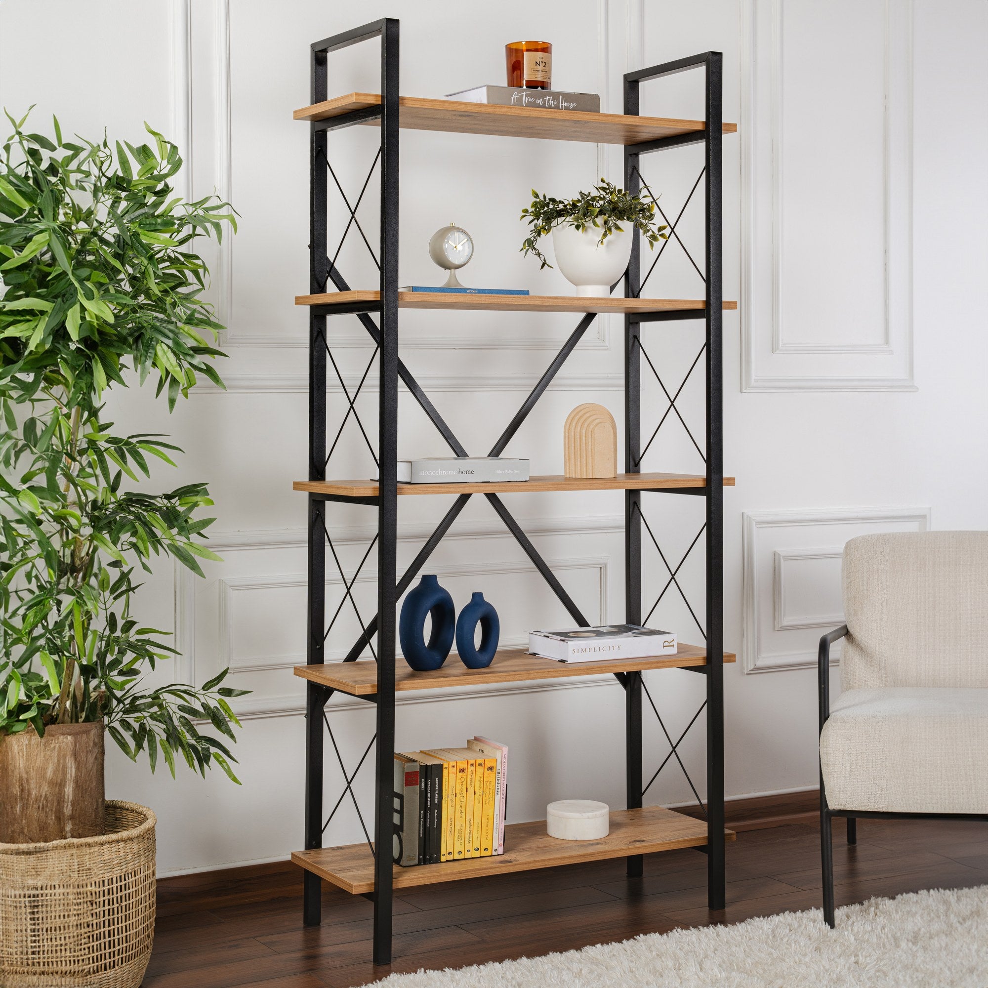 Rani Home Kitaplık Atlantik Çam Raflı Siyah Metal Ayaklı 5 Raflı HC-5260