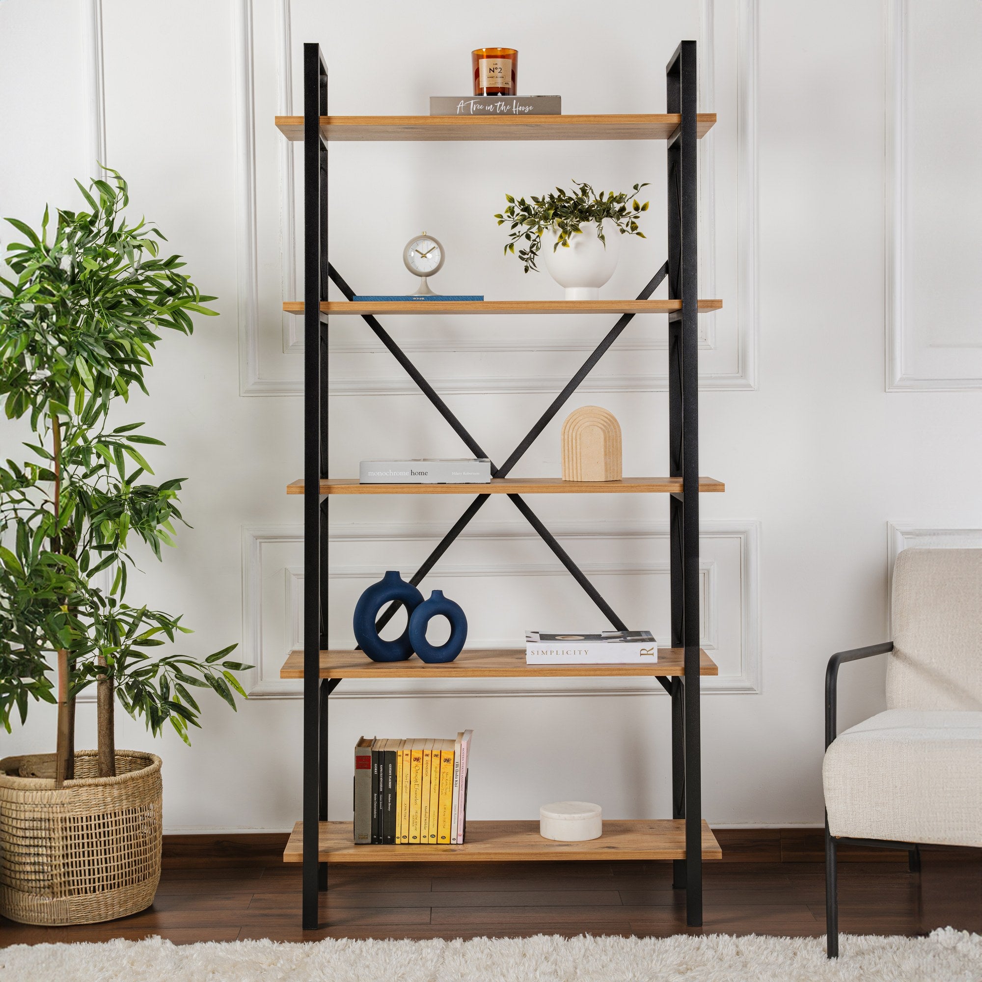 Rani Home Kitaplık Atlantik Çam Raflı Siyah Metal Ayaklı 5 Raflı HC-5260