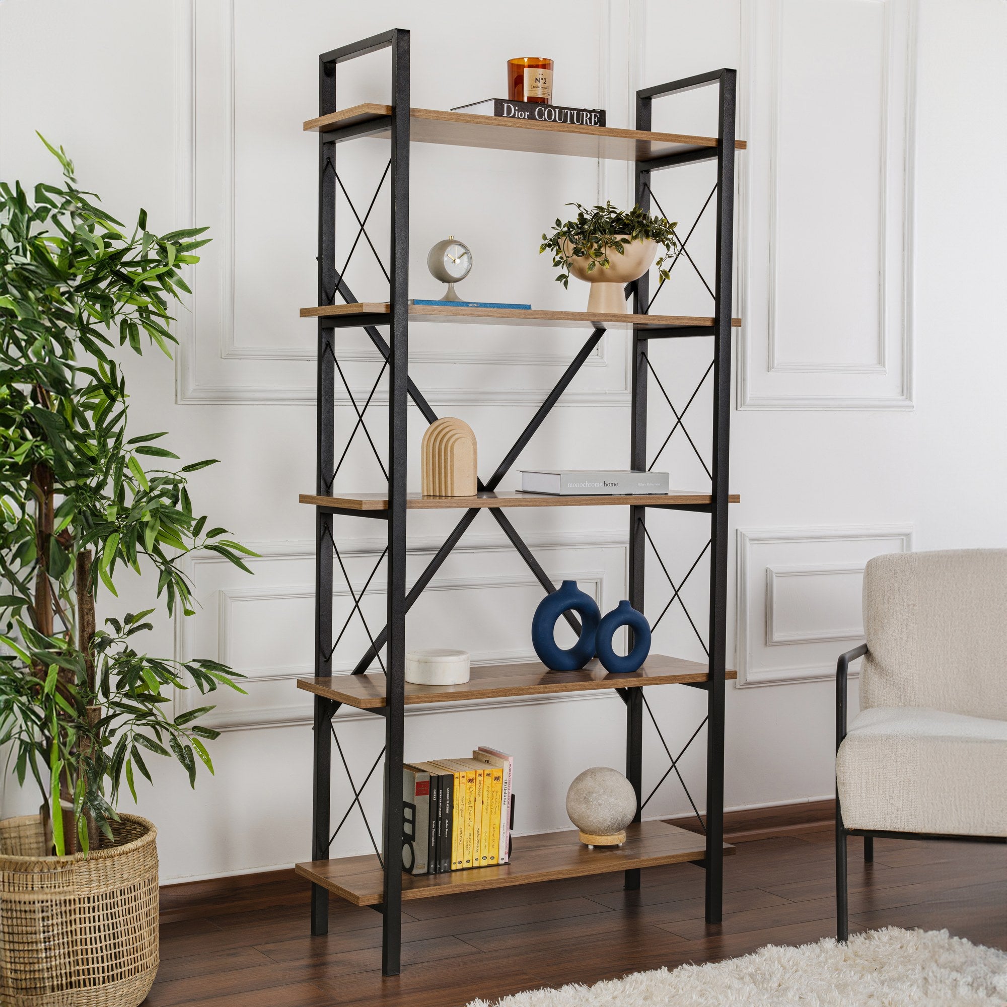 Rani Home Kitaplık Venezia Ceviz Raflı Siyah Metal Ayaklı 5 Raflı HC-5264