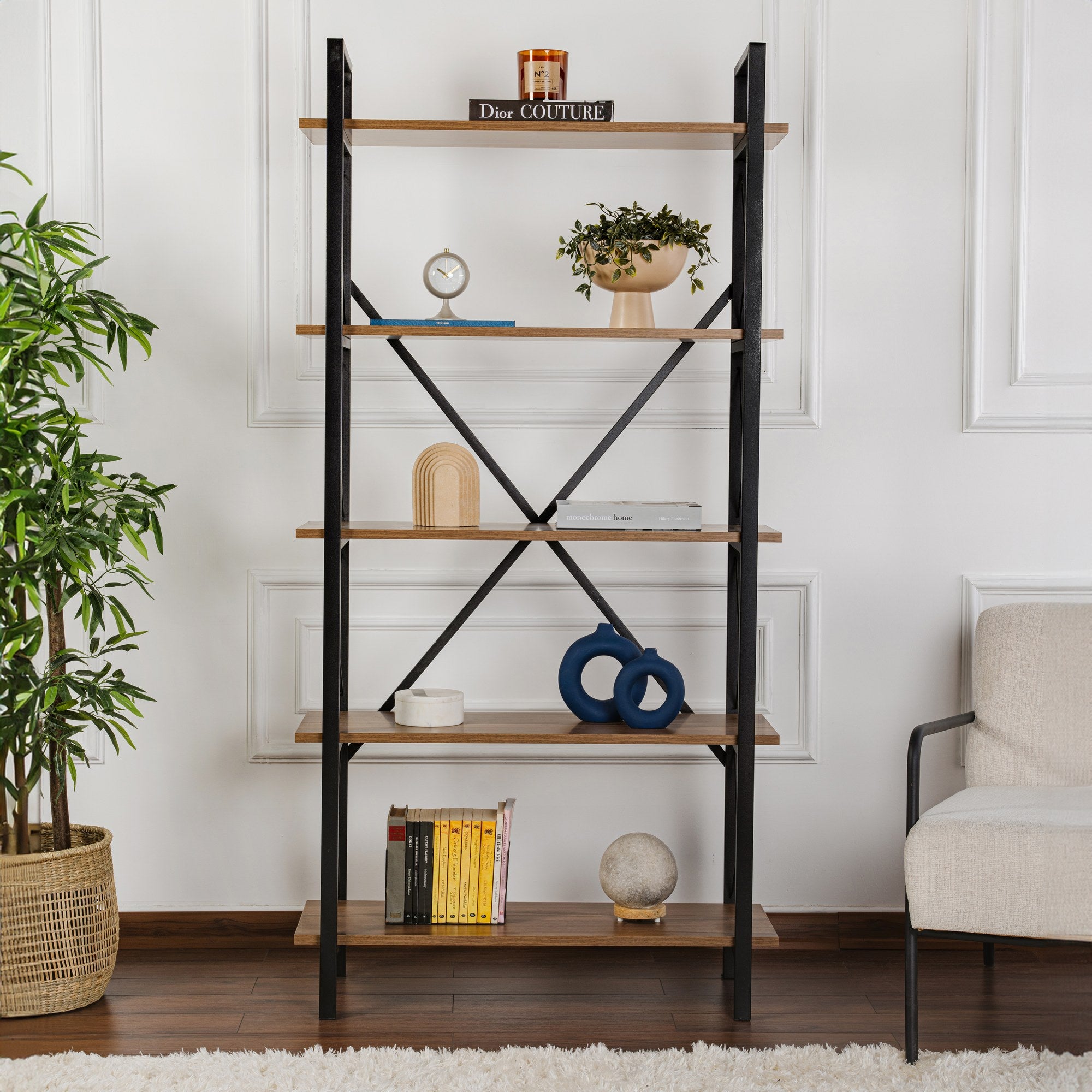 Rani Home Kitaplık Venezia Ceviz Raflı Siyah Metal Ayaklı 5 Raflı HC-5264