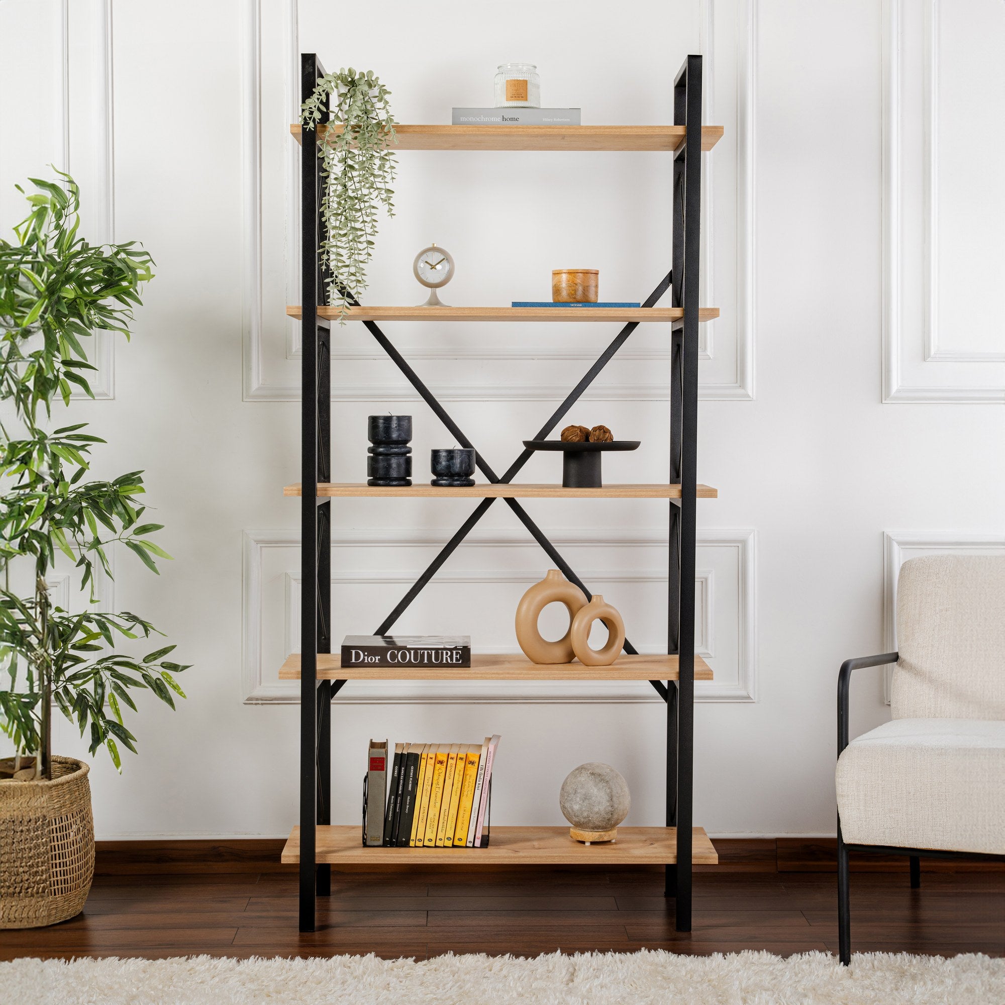 Rani Home Kitaplık Meşe Siyah Metal Ayaklı 5 Raflı HC-5261