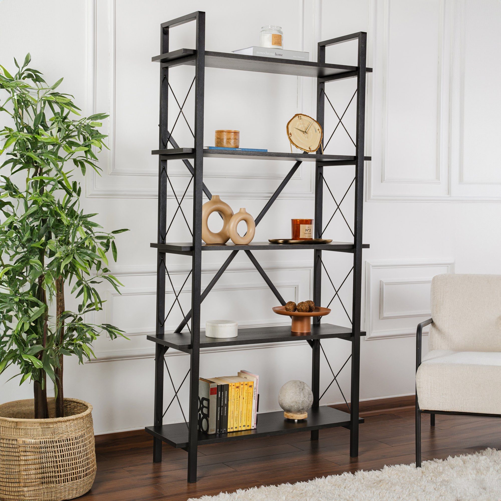 Rani Home Kitaplık Siyah Raflı Siyah Metal Ayaklı 5 Raflı HC-5267