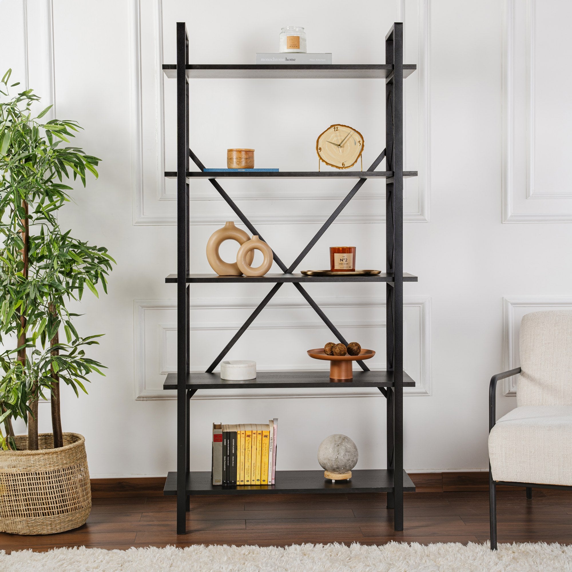 Rani Home Kitaplık Siyah Raflı Siyah Metal Ayaklı 5 Raflı HC-5267