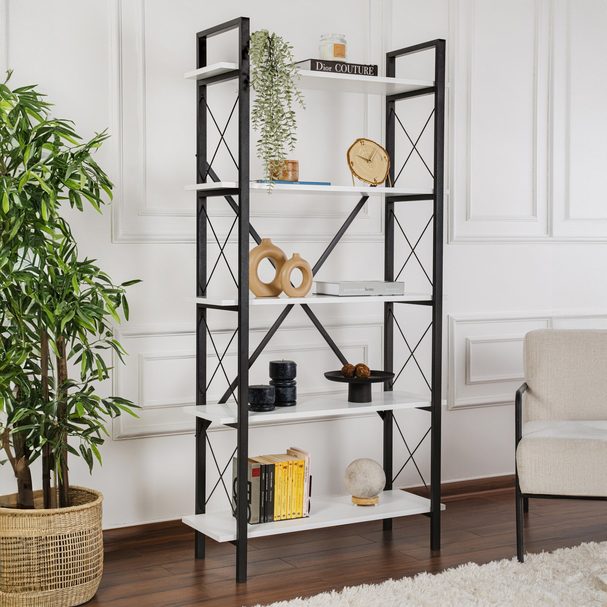 Rani Home Kitaplık Beyaz Raflı Siyah Metal Ayaklı 5 Raflı HC-5265