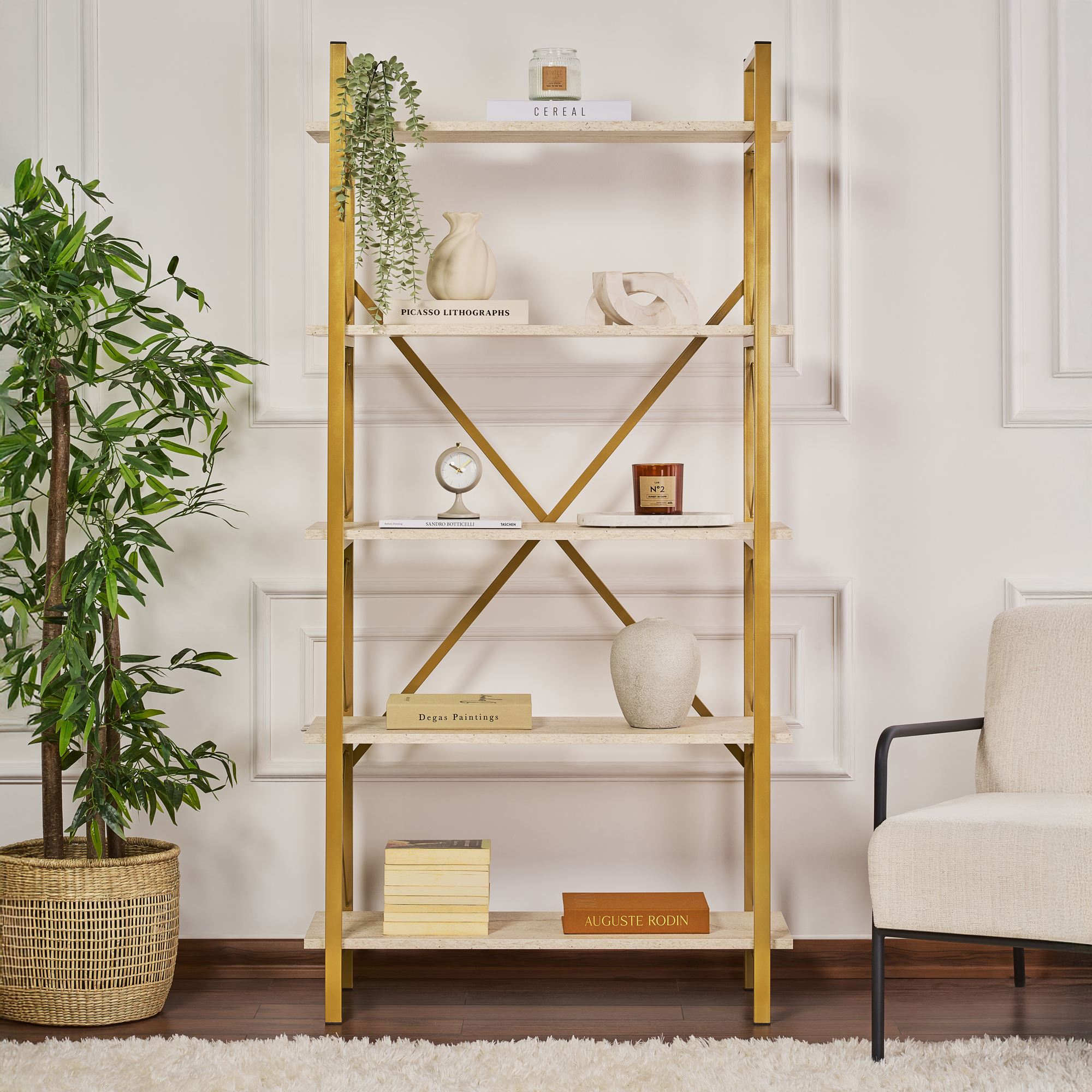 Rani Home Kitaplık Traverten Raflı Gold Metal Ayaklı 5 Raflı HC-5263