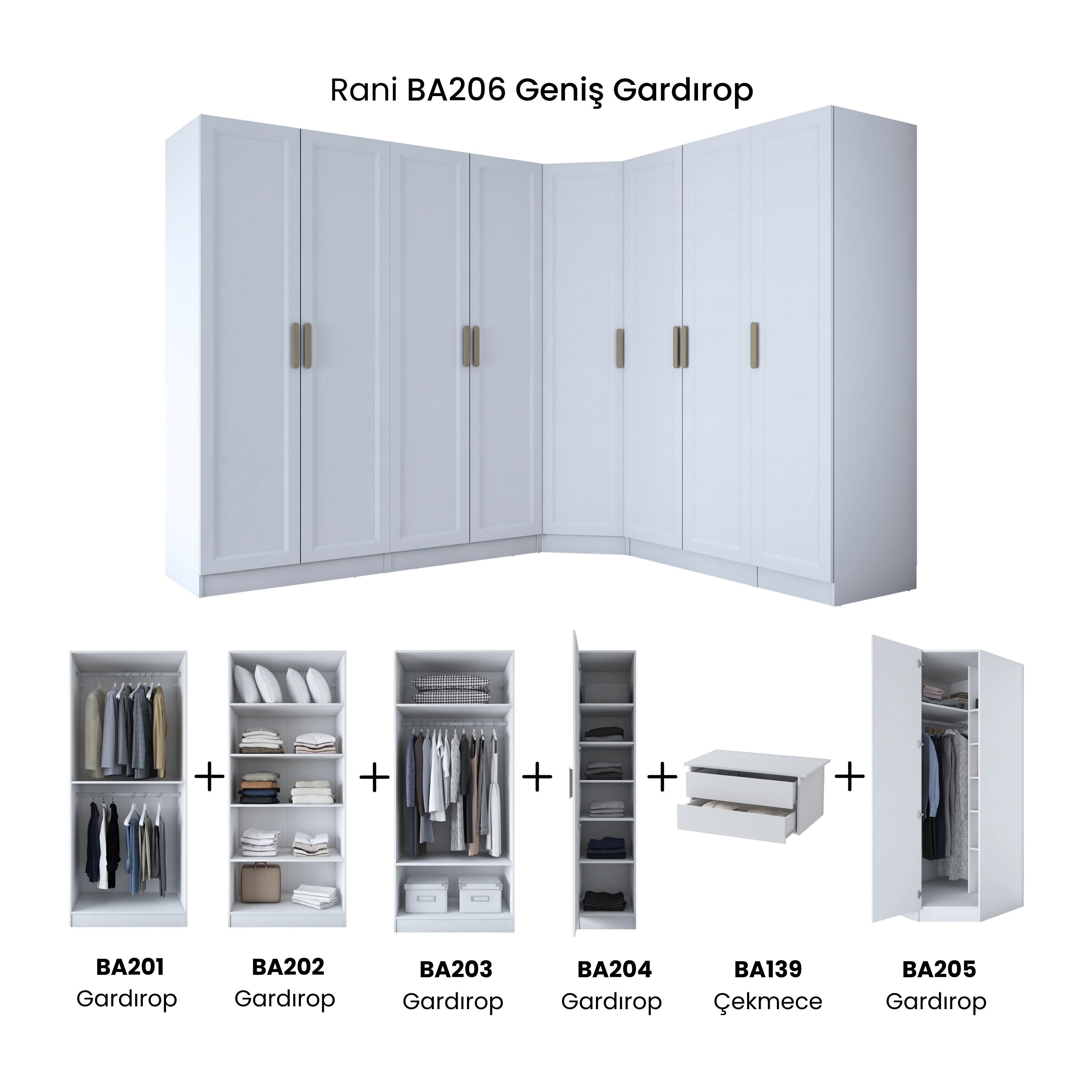 Rani BA206 Membran Kapaklı Modüler Köşe Gardırop 8 Kapaklı Raflı Askılı Çekmeceli Elbise Dolabı Beyaz