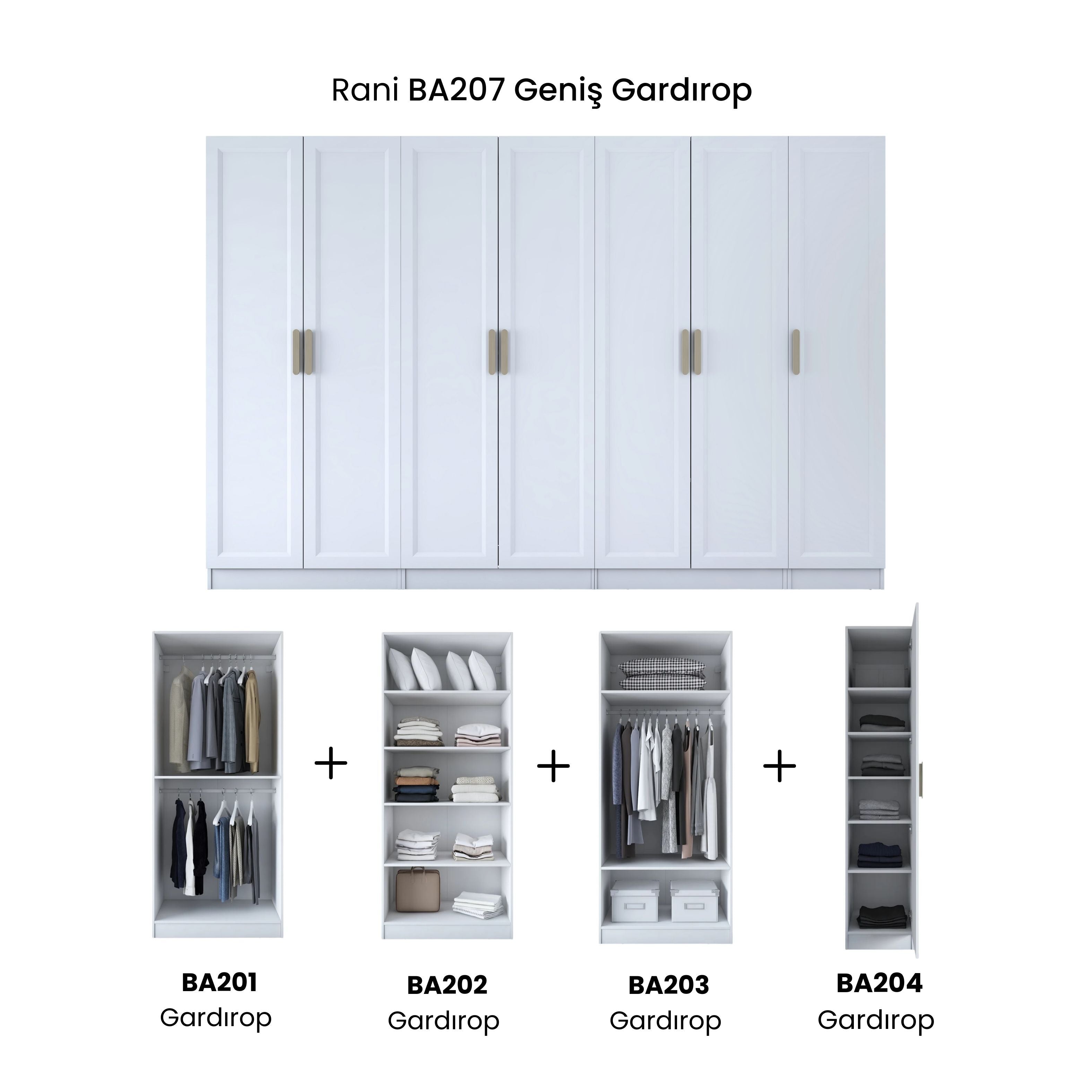 Rani BA207 Membran Kapaklı Modüler Gardırop 7 Kapaklı Raflı Askılı Elbise Dolabı Beyaz