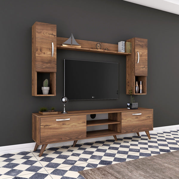 Rani A9 Duvar Raflı Tv Ünitesi Kitaplıklı Tv Sehpası Duvara Monte Raflı Modern Ayaklı 180 cm Minyatür Ceviz M27