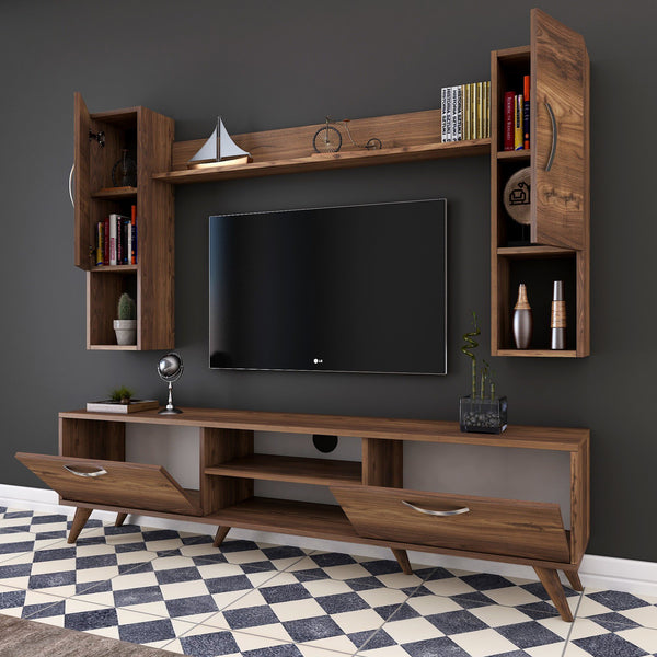 Rani A9 Tv Unit With Wall Shelf Tv Stand With Bookshelf Wall Mounted With Shelf Modern Leg 180 cm Miniature Walnut M27