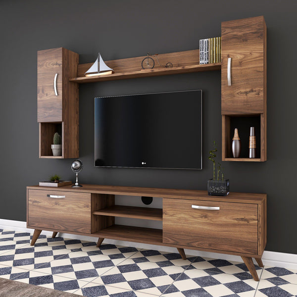 Rani A9 Duvar Raflı Tv Ünitesi Kitaplıklı Tv Sehpası Duvara Monte Raflı Modern Ayaklı 180 cm Minyatür Ceviz M27