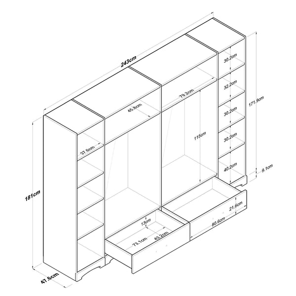 Rani F4 Wide Wardrobe Clothes Cabinet 6 Doors 2 Drawers 12 Shelves 2 Hangers Single Module Miniature Walnut - White