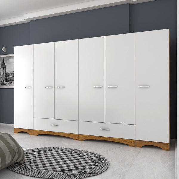Rani F4 Wide Wardrobe Clothes Cabinet 6 Doors 2 Drawers 12 Shelves 2 Hangers Single Module Miniature Walnut - White
