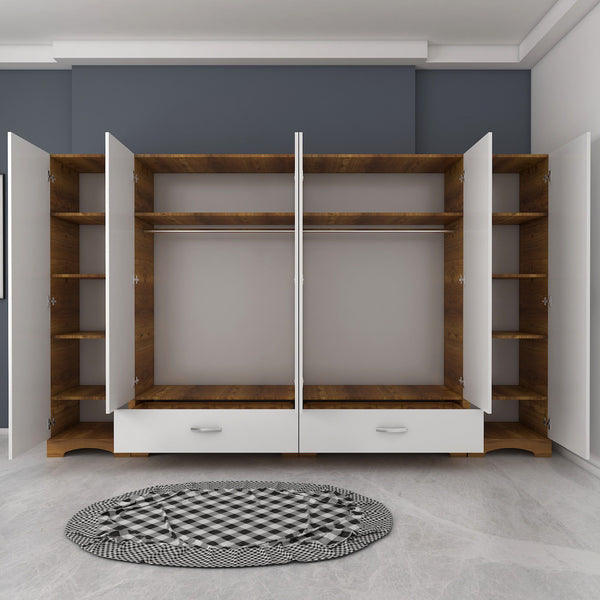 Rani F4 Wide Wardrobe Clothes Cabinet 6 Doors 2 Drawers 12 Shelves 2 Hangers Single Module Miniature Walnut - White