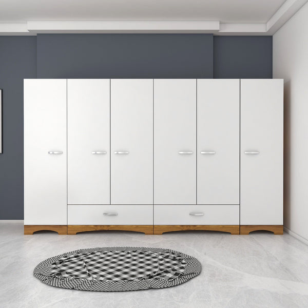 Rani F4 Wide Wardrobe Clothes Cabinet 6 Doors 2 Drawers 12 Shelves 2 Hangers Single Module Miniature Walnut - White
