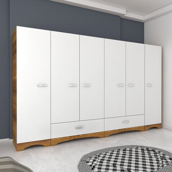 Rani F4 Wide Wardrobe Clothes Cabinet 6 Doors 2 Drawers 12 Shelves 2 Hangers Single Module Miniature Walnut - White