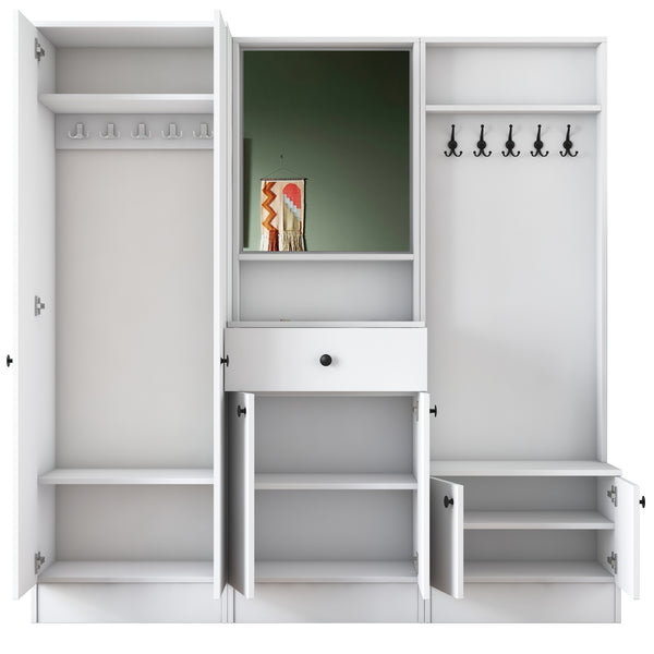 Rani P6 Modern Drawer Mirrored Hanging Coat Rack Shoe Rack Cloakroom White M3