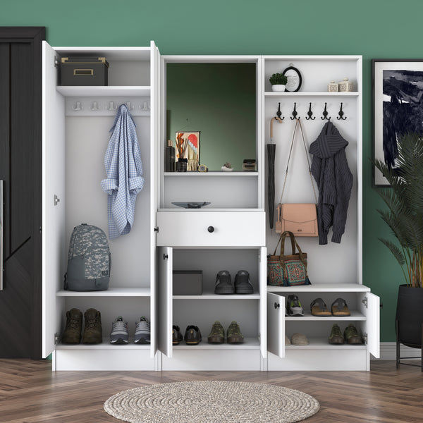 Rani P6 Modern Drawer Mirrored Hanging Coat Rack Shoe Rack Cloakroom White M3