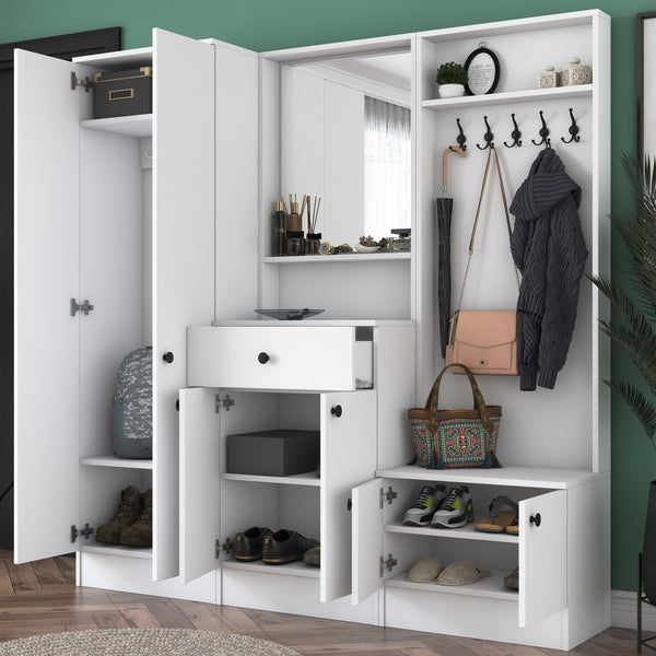Rani P6 Modern Drawer Mirrored Hanging Coat Rack Shoe Rack Cloakroom White M3