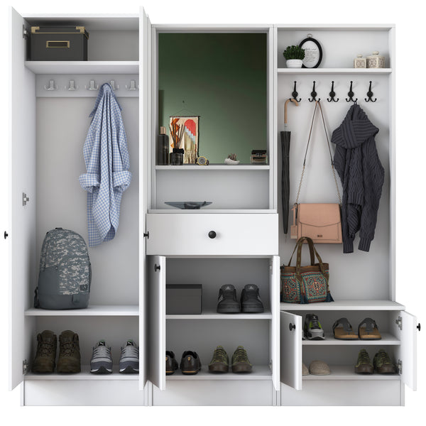 Rani P6 Modern Drawer Mirrored Hanging Coat Rack Shoe Rack Cloakroom White M3