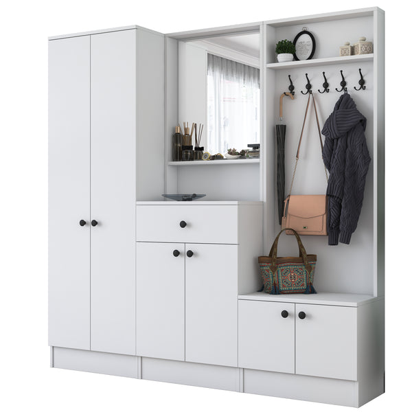 Rani P6 Modern Wardrobe with Drawer, Mirror and Shelf Shoe Rack Cloakroom White M2