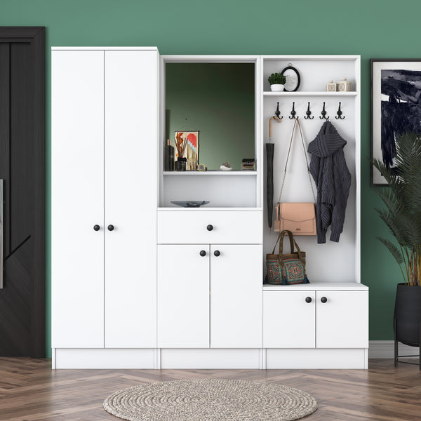 Rani P6 Modern Wardrobe with Drawer, Mirror and Shelf Shoe Rack Cloakroom White M2
