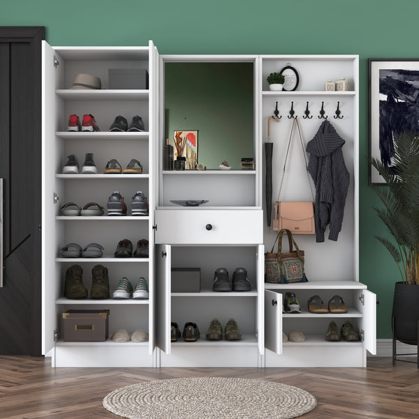 Rani P6 Modern Wardrobe with Drawer, Mirror and Shelf Shoe Rack Cloakroom White M2