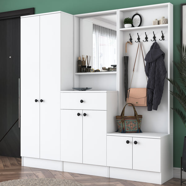 Rani P6 Modern Wardrobe with Drawer, Mirror and Shelf Shoe Rack Cloakroom White M2