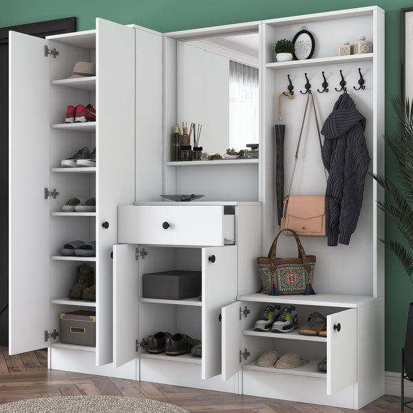 Rani P6 Modern Wardrobe with Drawer, Mirror and Shelf Shoe Rack Cloakroom White M2