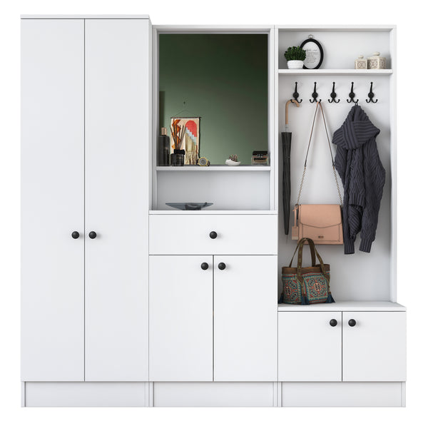 Rani P6 Modern Wardrobe with Drawer, Mirror and Shelf Shoe Rack Cloakroom White M2