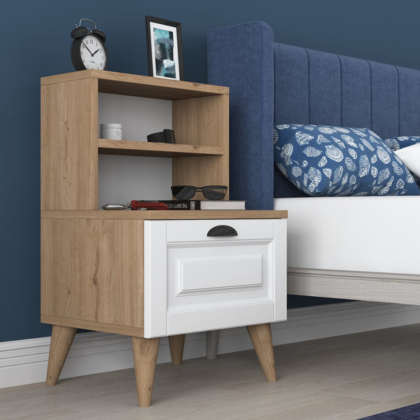 Rani BD105 Bedside Table with 2 Shelves Membrane Drawer Bedside Table Basket Walnut - White