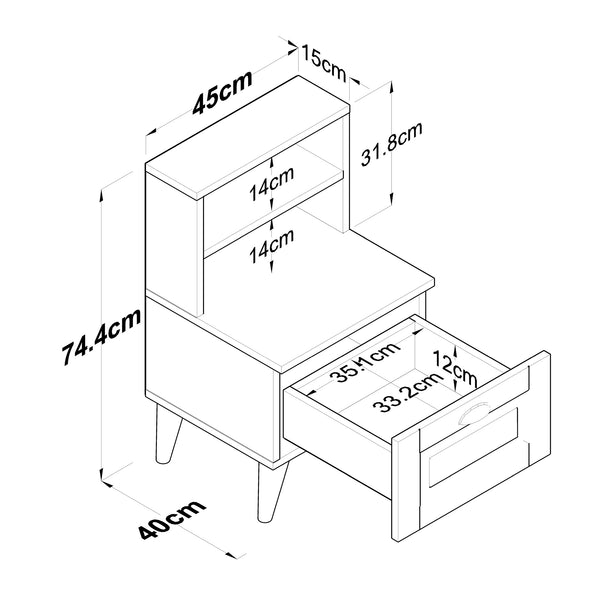 Rani BD105 Bedside Table with 2 Shelves Membrane Drawer Bedside Table Basket Walnut - White