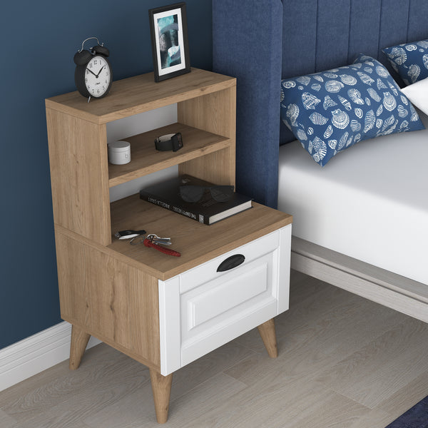 Rani BD105 Bedside Table with 2 Shelves Membrane Drawer Bedside Table Basket Walnut - White