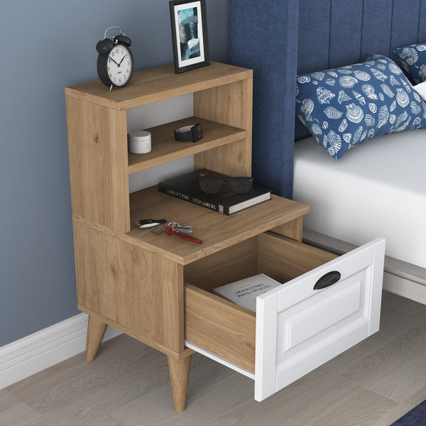 Rani BD105 Bedside Table with 2 Shelves Membrane Drawer Bedside Table Basket Walnut - White