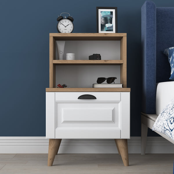 Rani BD105 Bedside Table with 2 Shelves Membrane Drawer Bedside Table Basket Walnut - White